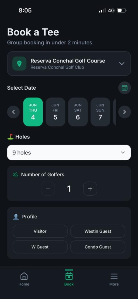 GolfOne mobile home screen showing Book Tee and View Courses buttons plus a list of upcoming tee times