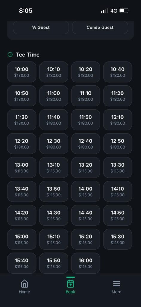 GolfOne pricing breakdown screen showing per-player fees, taxes, and a grand total before confirming a booking