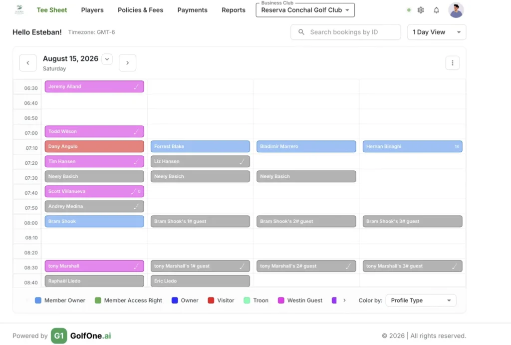 GolfOne tee sheet grid with bookings color-coded by member, owner, visitor, and guest profile