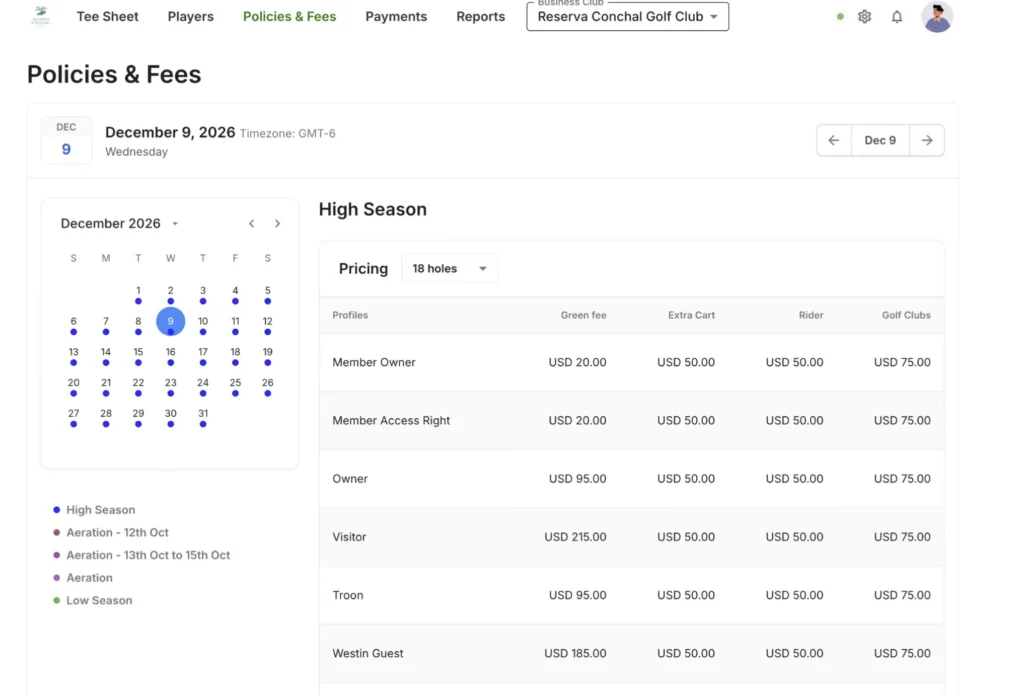 GolfOne policies and fees screen showing high season pricing by player profile